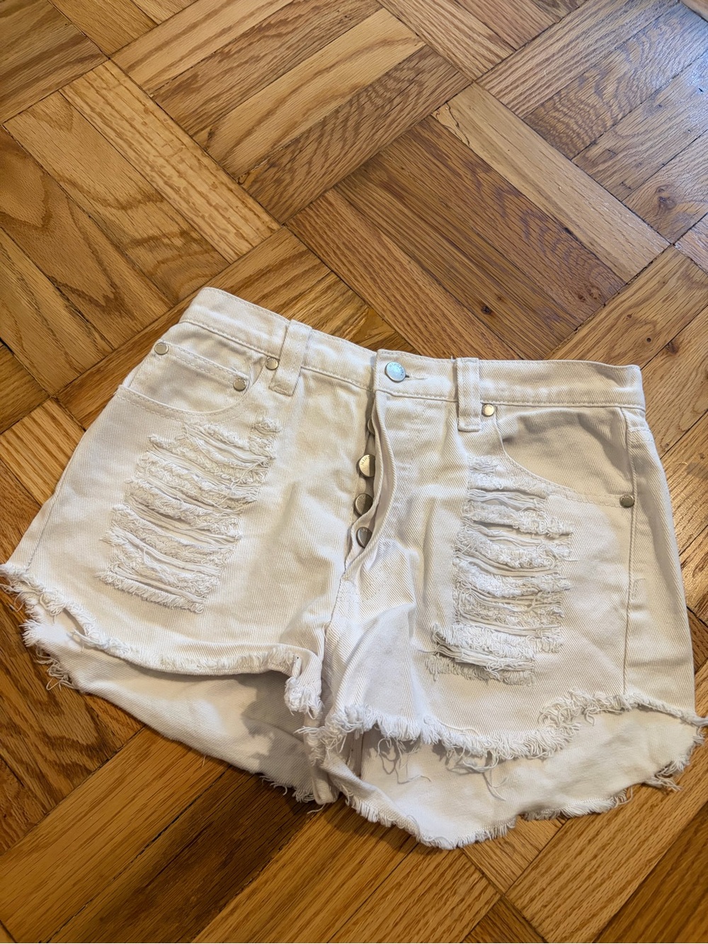 Minkpink High-Rise Distressed White Denim Shorts